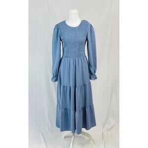 Fashion Smocked Prairie Midi Dress Sz M Blue Cottagecore Farmcore Romantic